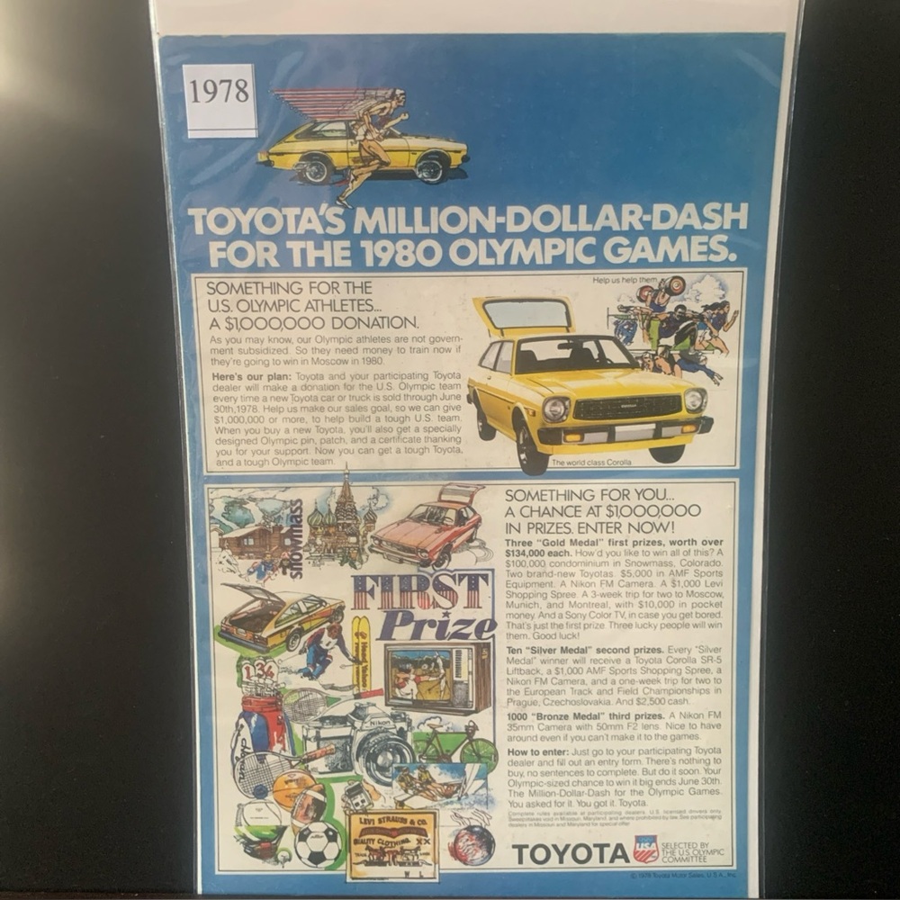 Vintage 1978 Toyota Million Dollar Dash For 1980 Olympic Games Ad Advertisement